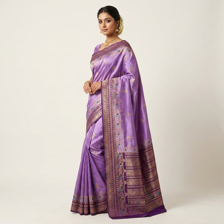 RUSSIAN SILK IN LAVENDER WITH MAGENTA BORDER SAREE