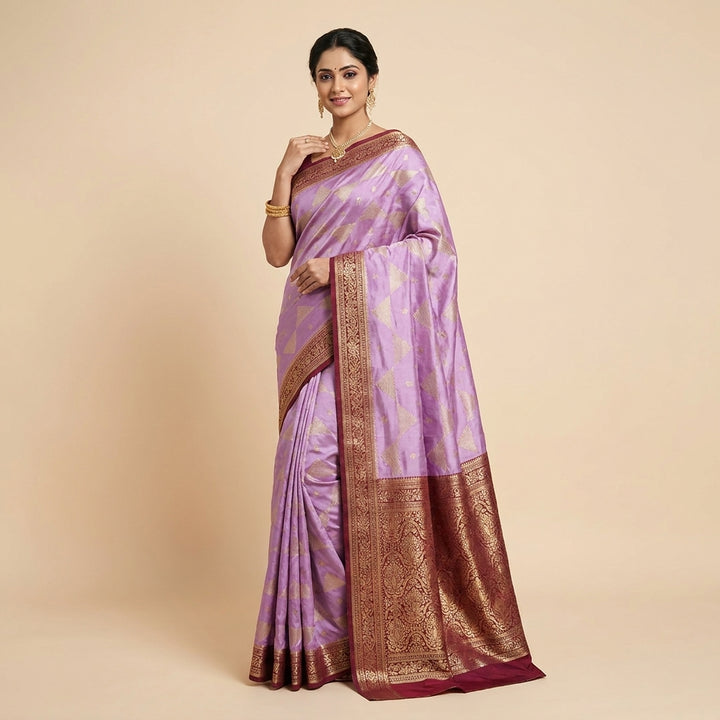 MASHRU KATAN IN LAVENDER WITH GARNET BORDER