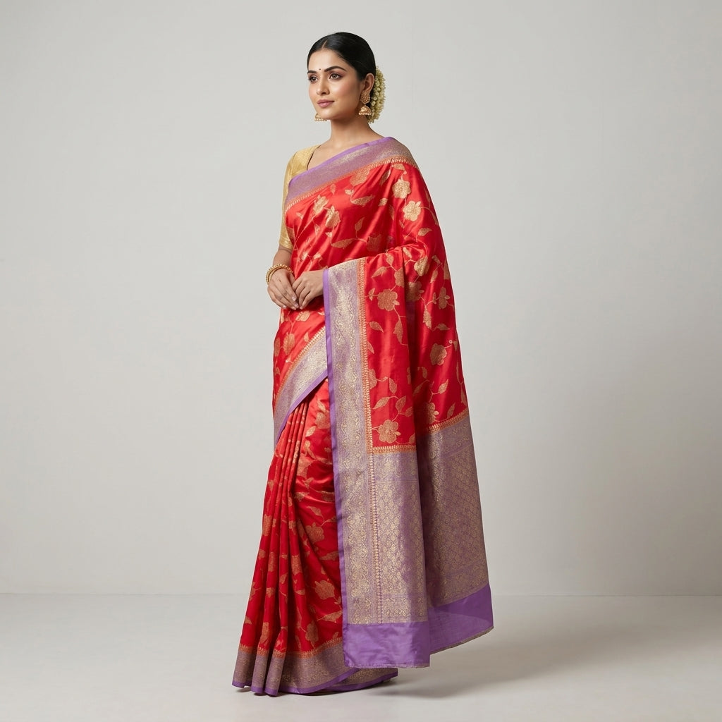 RUSSIAN SILK VISCOS IN RED WITH LAVENDER BORDER