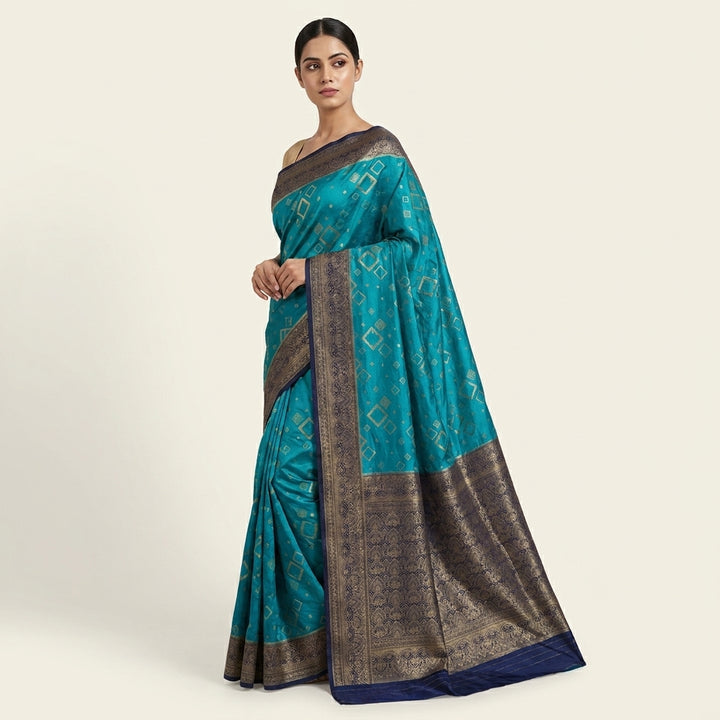 RUSSIAN SILK IN TURQUOISE BLUE WITH NAVY BLUE BORDER