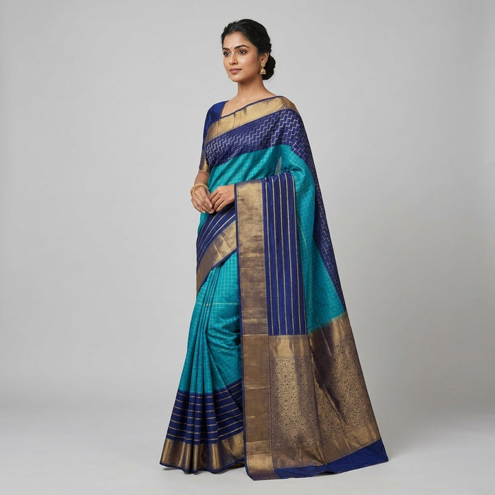 KHADDI GEORGETTE IN BLUE WITH NAVY BLUE BORDER