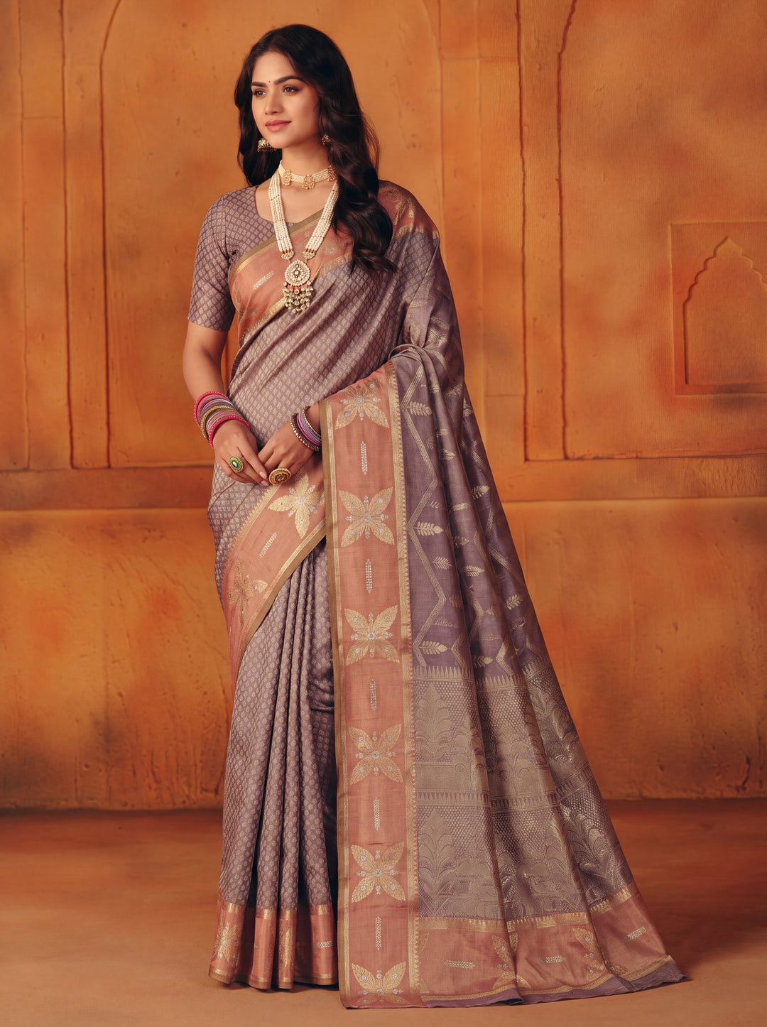 BANARASI SILK IN BROWN SHADE WITH GOLD ZARI WORK AND TISU BORDER