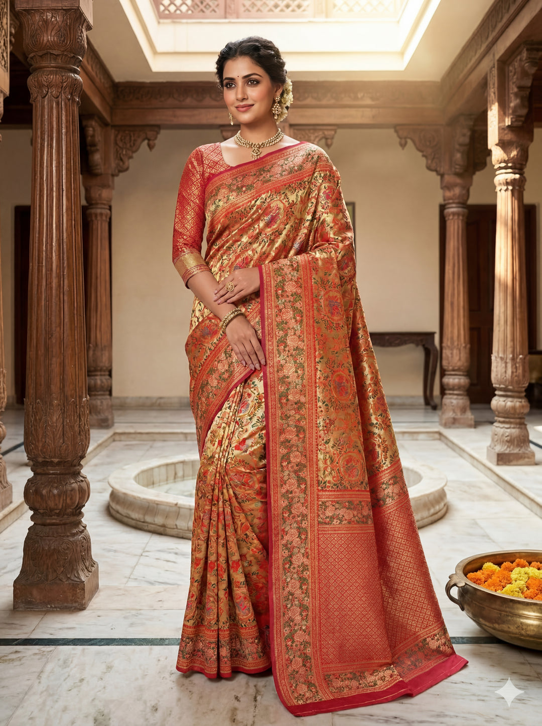 DHARMAWARAM GOLD MEENAKARI ZARI WORK WITH FLORAL DESIGNS