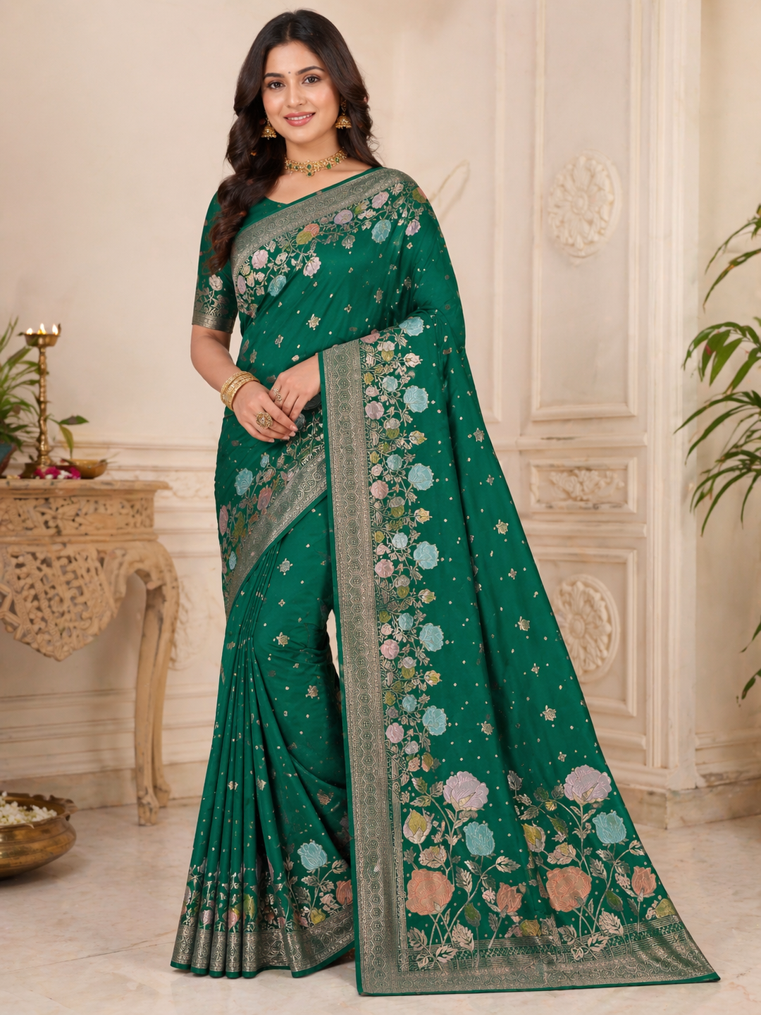 KHADDI GEROGETTE IN BOTTLE GREEN WITH PANCHRANG BOOTA