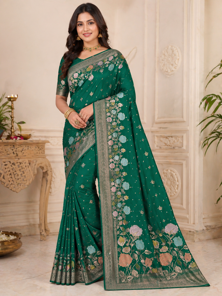KHADDI GEROGETTE IN BOTTLE GREEN WITH PANCHRANG BOOTA