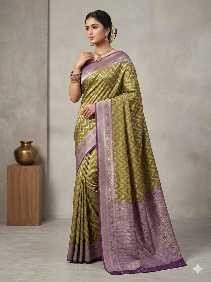 BANARASI KATAN SILK IN MEHENDI GREEN WITH MAGENTA BORDER