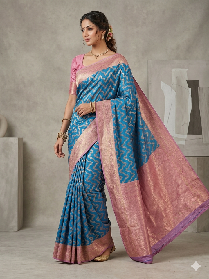 BANARASI KATAN SILK FEROZI BLUE WITH BABY PINK BORDER