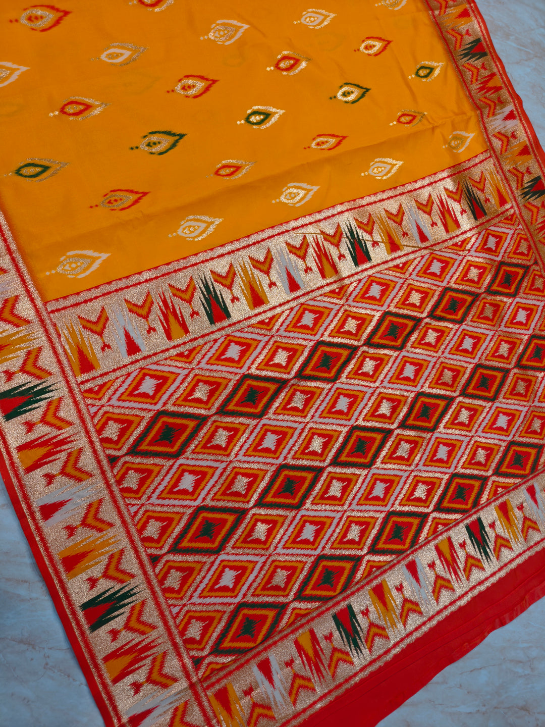 BANARASI KATAN SOFT SILK IN MANGO COLOUR WITH IKKAT STYLE