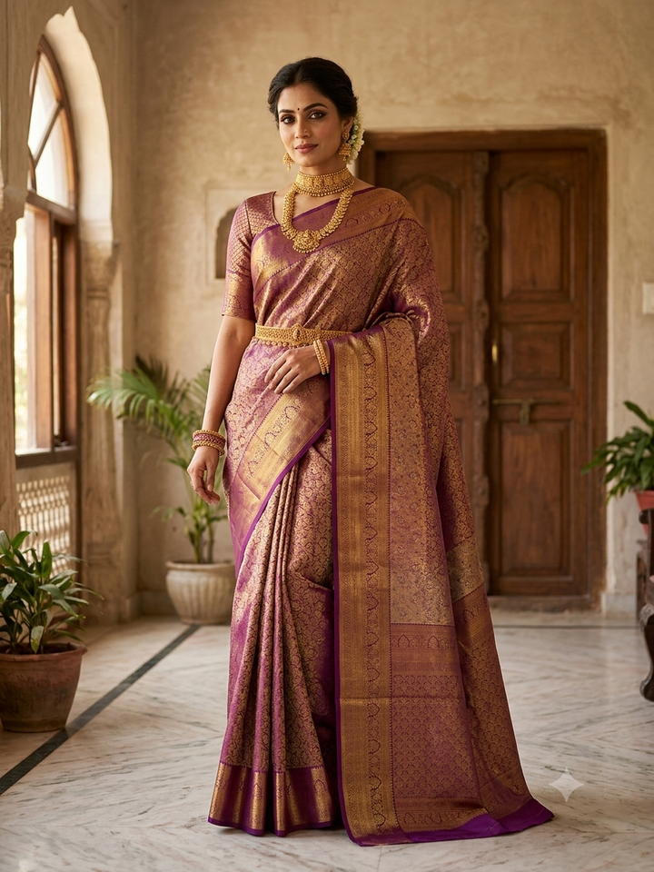 DHARMAVARAM TISU IN SILVER AND  GOLD WITH MAGENTA BORDER
