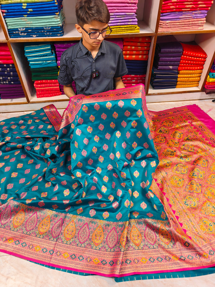 PASHMINA KASHMIRI SEMI SILK IN BLUE WITH RANI BORDER