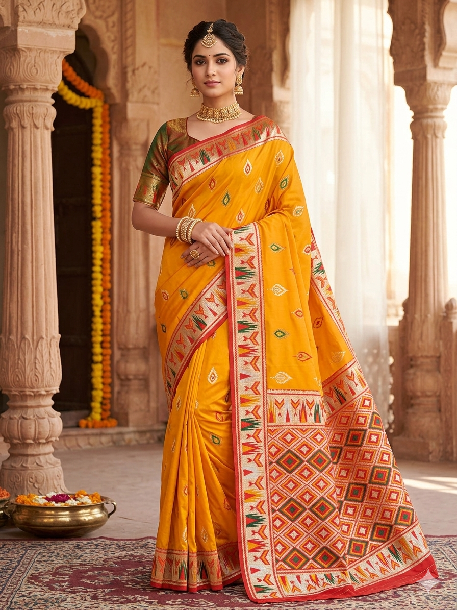BANARASI KATAN SOFT SILK IN MANGO COLOUR WITH IKKAT STYLE