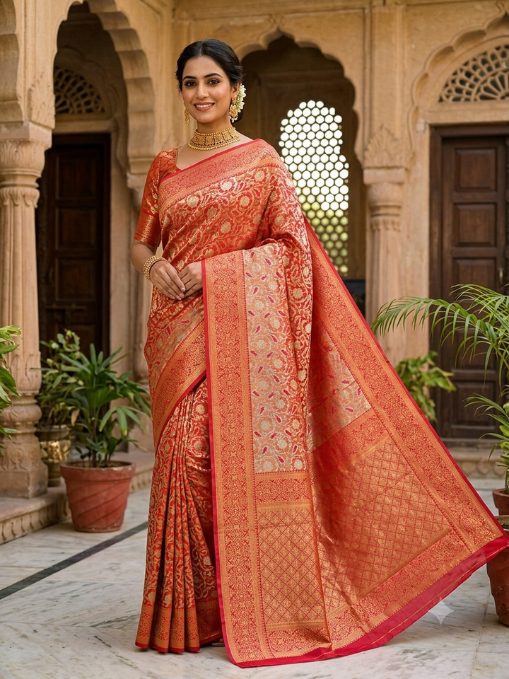 DHARMAVARAM TISU IN GOLD SILVER FUSION WITH RED COLOUR