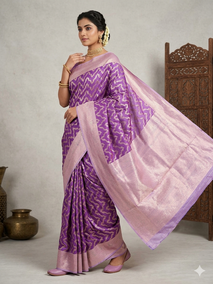 BANARASI KATAN SILK IN PURPLE WITH LAVENDER BORDER