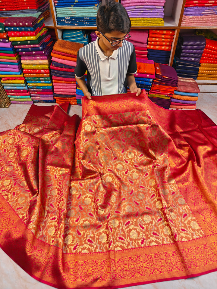 DHARMAVARAM TISU IN GOLD SILVER FUSION WITH RED COLOUR