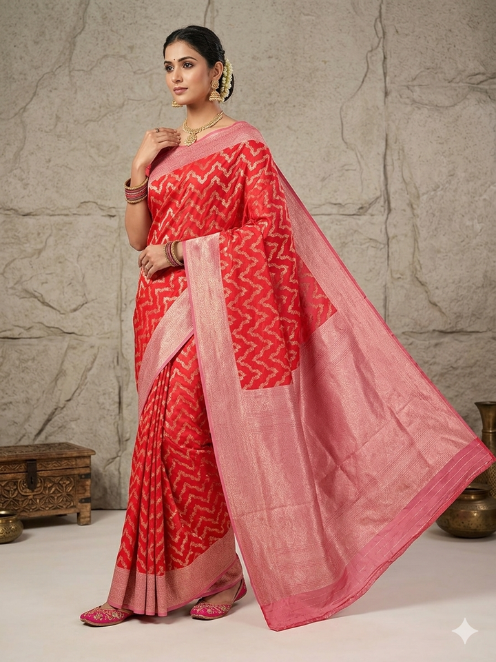 BANARASI KATAN SILK IN RED WITH BABY PINK BORDER