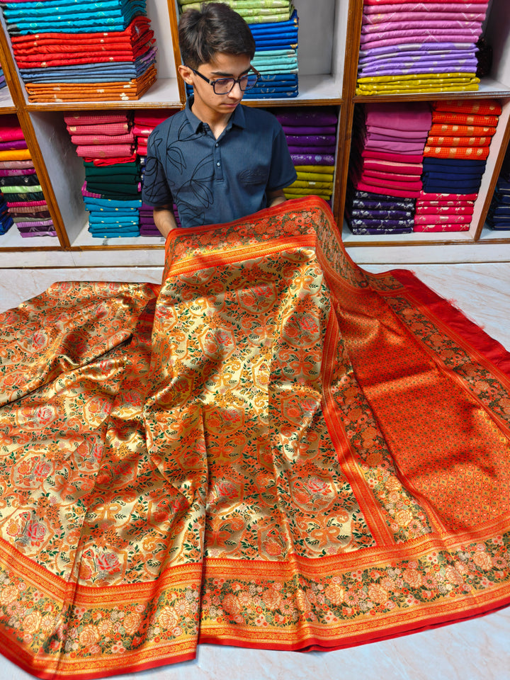 DHARMAWARAM GOLD MEENAKARI ZARI WORK WITH FLORAL DESIGNS