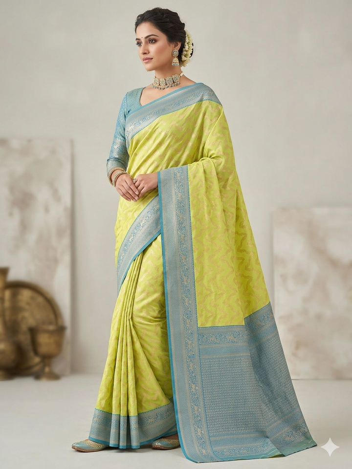 BANARASI KATAN SILK IN GOLD WITH SKY BLUE BORDER