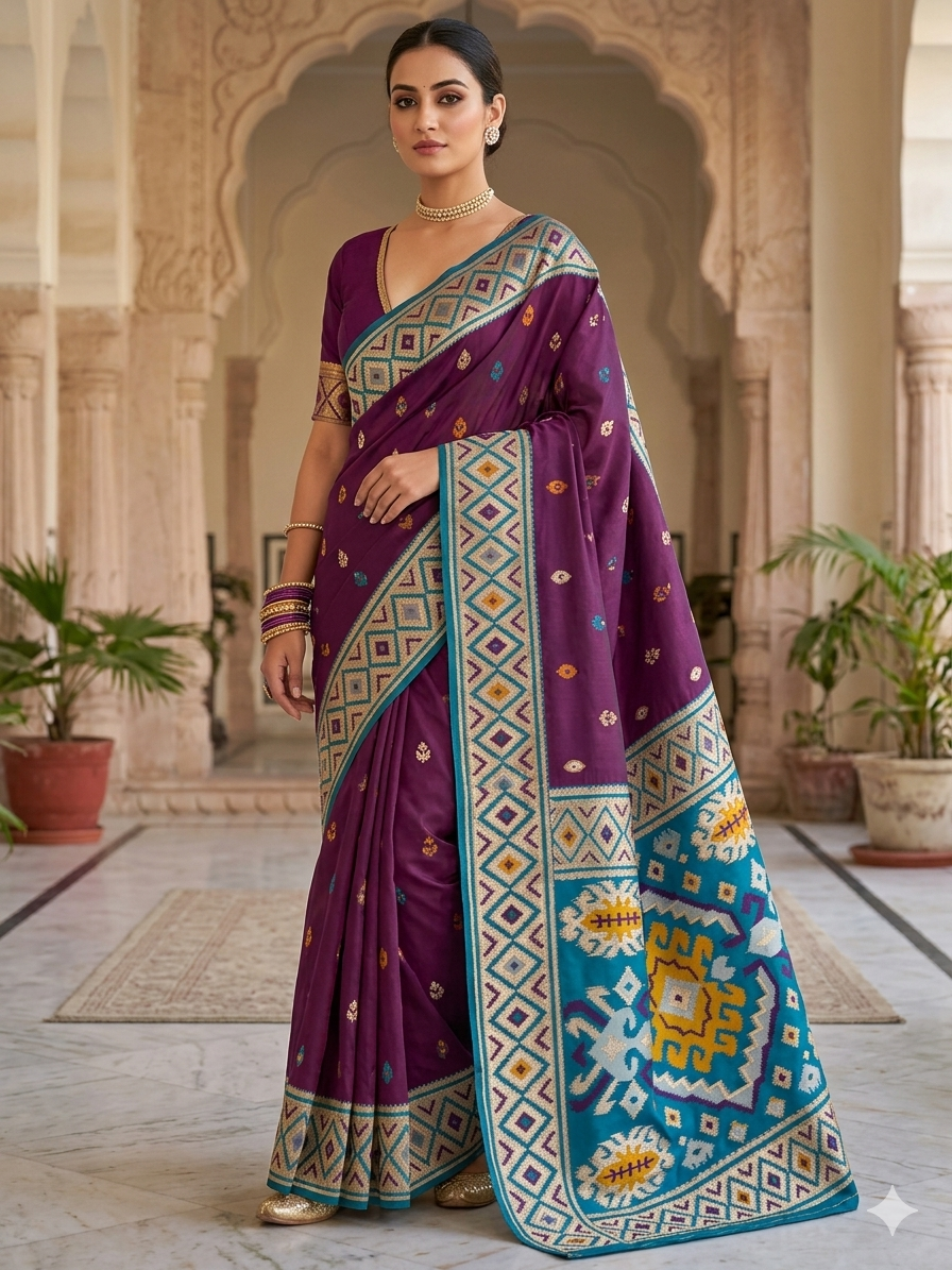 BANARASI KATAN SOFT SILK IN PURPLE WITH IKKAT STYLE