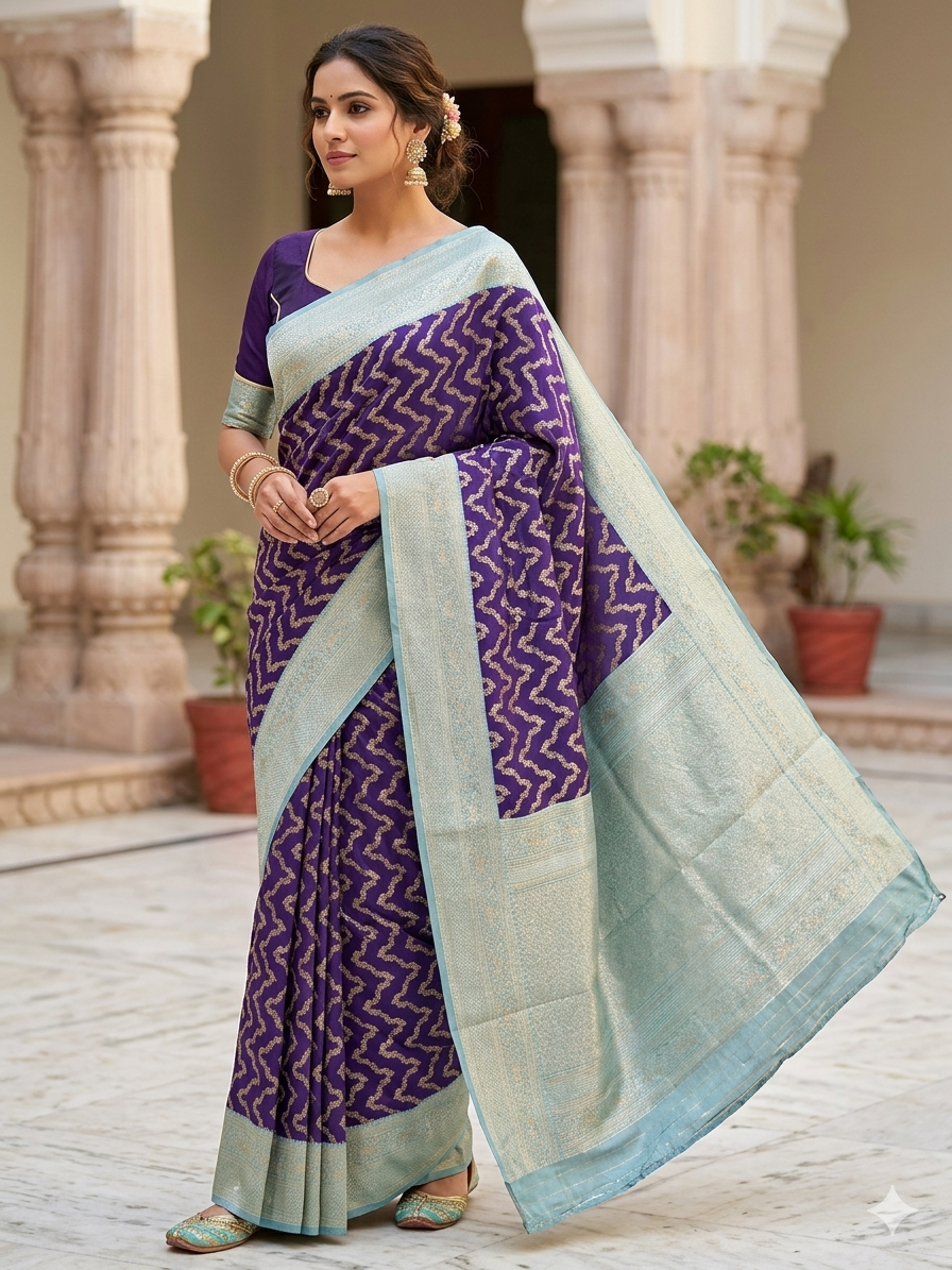 BANARASI KATAN SILK IN PURPLE WITH SKY BLUE