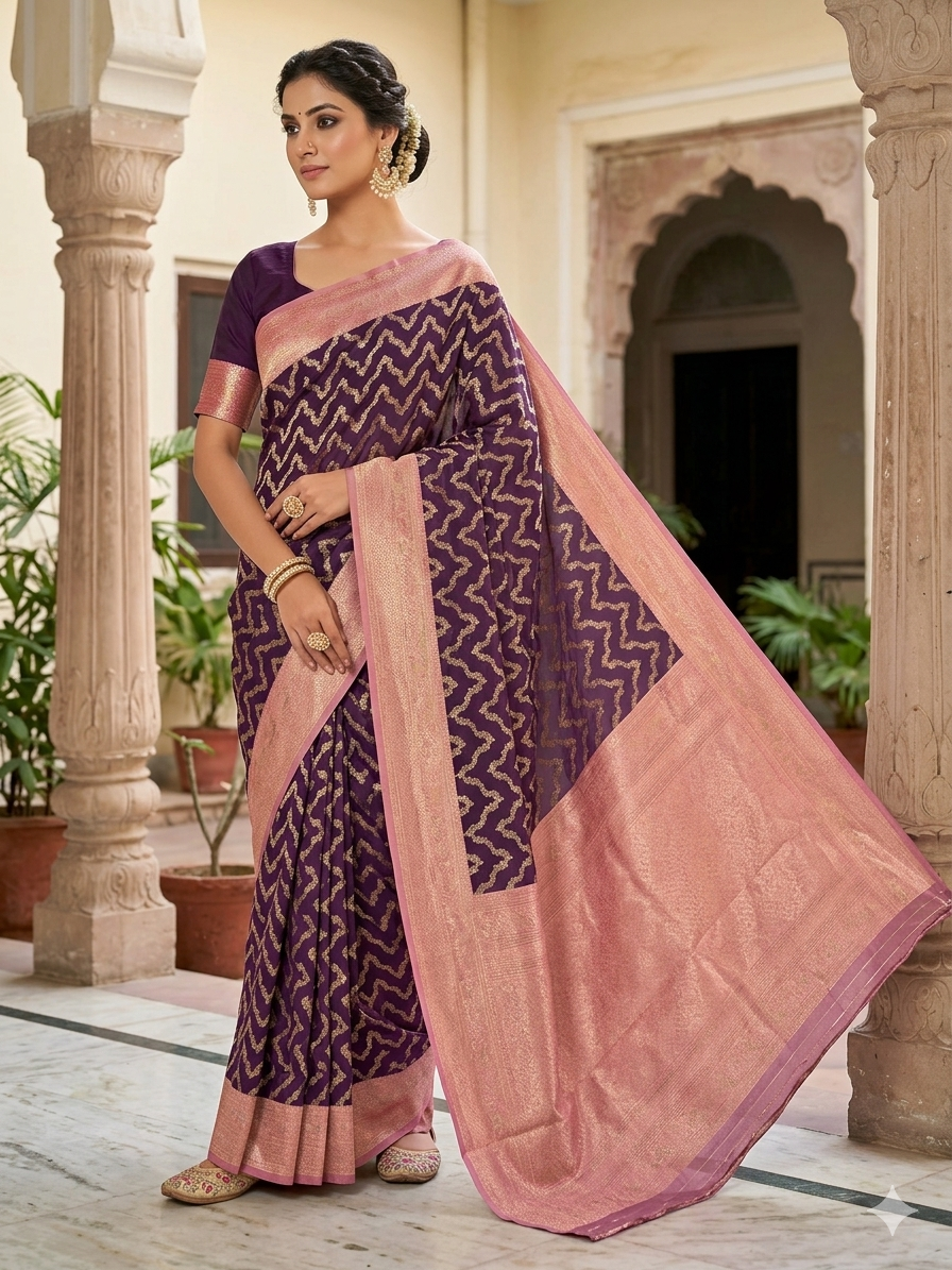 BANARASI KATAN SILK IN PURPLE WITH WITH BABY PINK