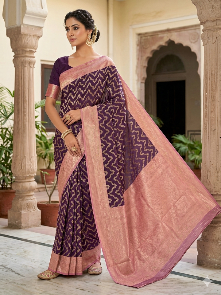 BANARASI KATAN SILK IN PURPLE WITH WITH BABY PINK