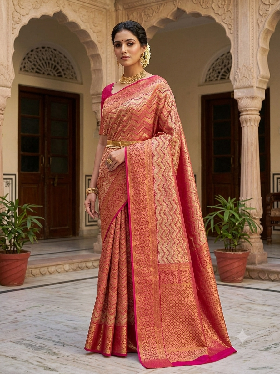 DHARMAVARAM TISU IN RANI AND GOLD FUSION WITH HORIZONTAL DESIGNS