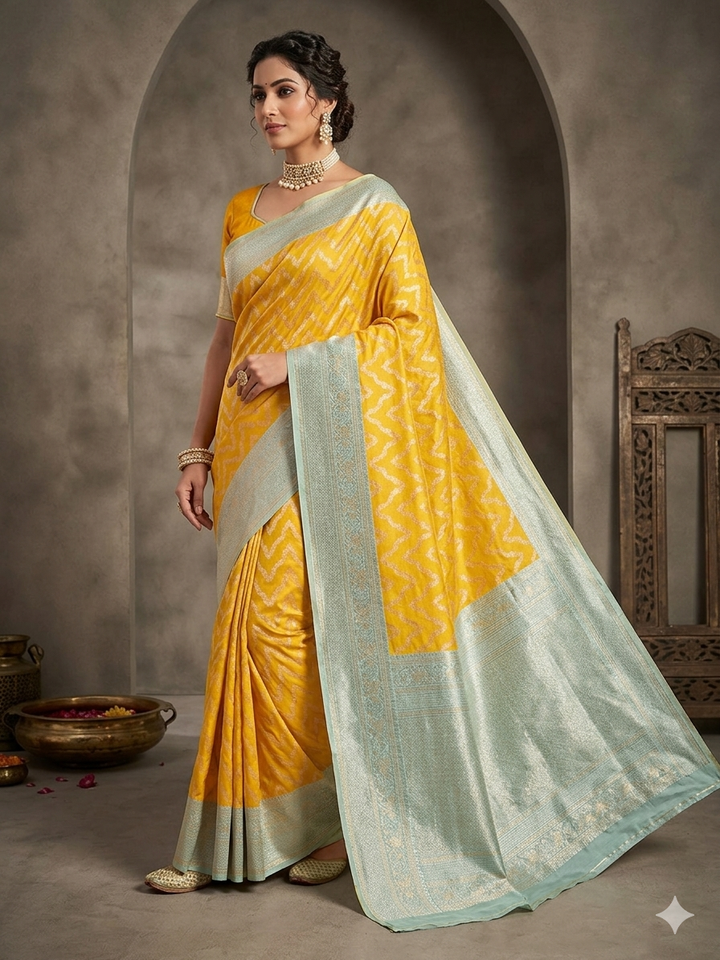 BANARASI KATAN SILK IN AIRY GOLD WITH LIGHT BLUE BORDER