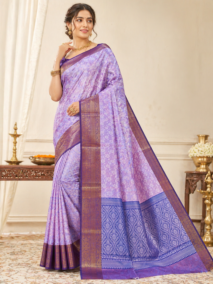 BANARASI KATAN TISU LAVENDER BODY WITH ROYAL BLUE BORDER